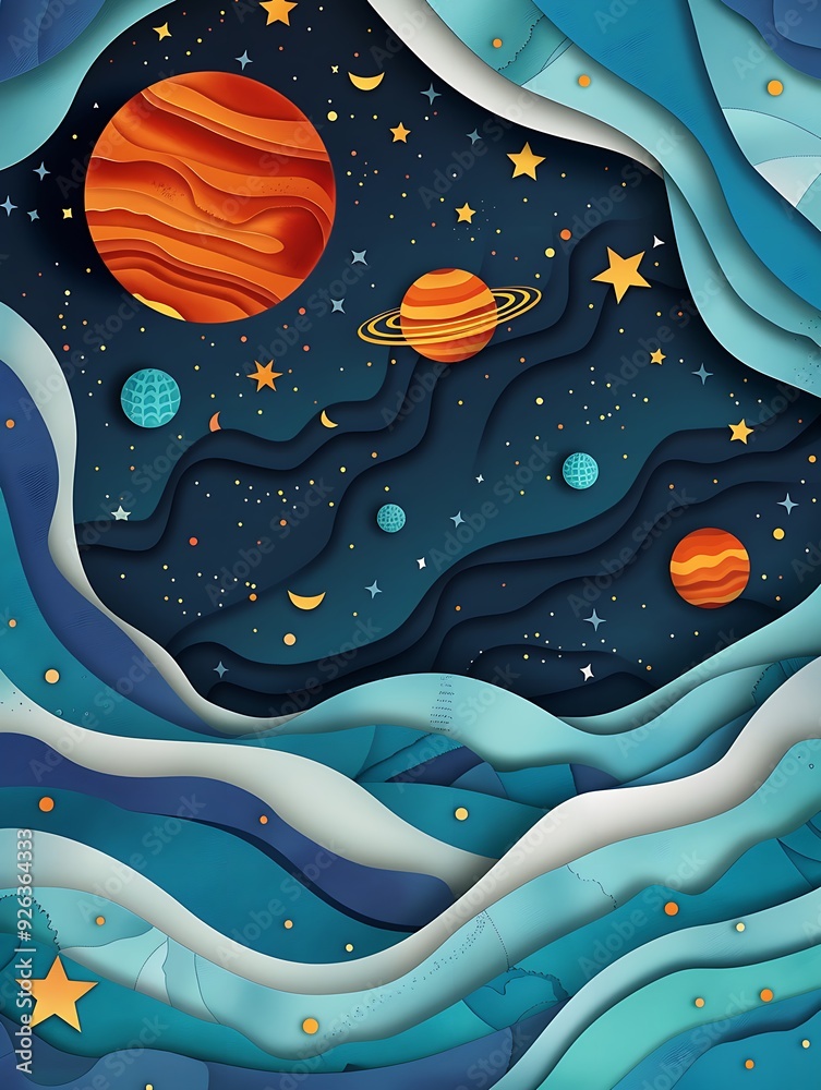 A paper cutout of a space scene with a planet, a moon, and stars