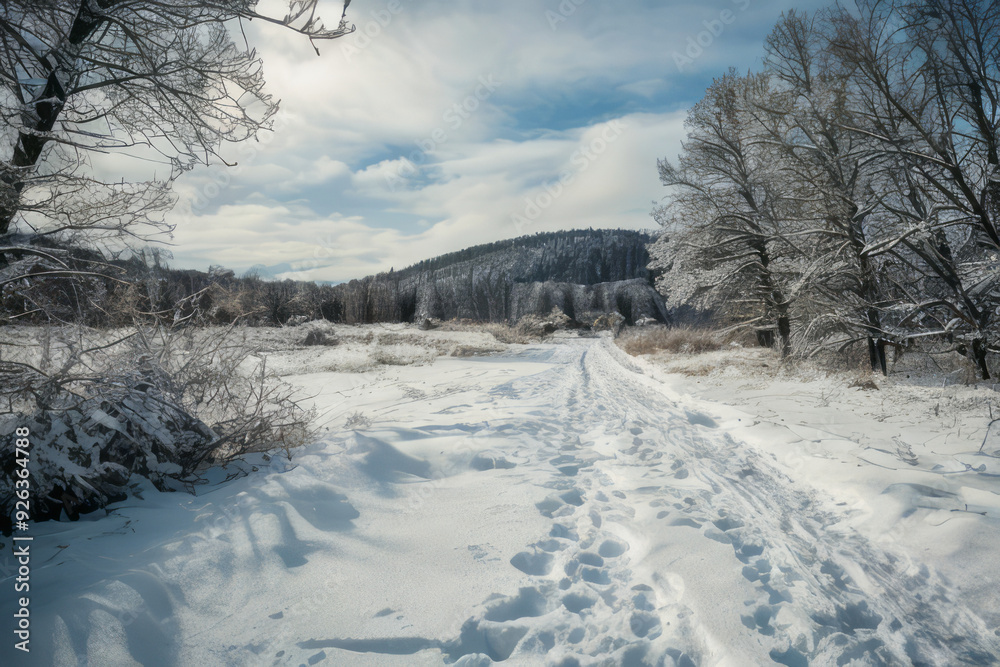 Obraz premium Snowy winter road with trees covered in frost