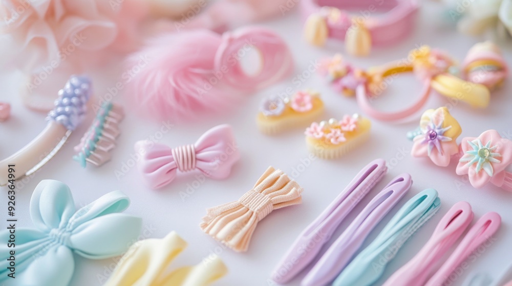 A close-up of a set of pastel-colored hair accessories including clips and headbands, all displayed on a white surface with a focus on their charming designs A close-up of a set of pastel-colored hair accessories including clips and headbands, all displayed on a white surface with a focus on their charming designs