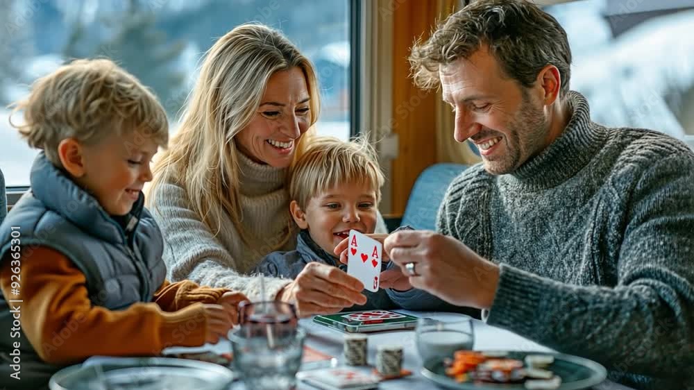 Happy parents on a train, playing cards with their kids Happy parents on a train, playing cards with their kids
