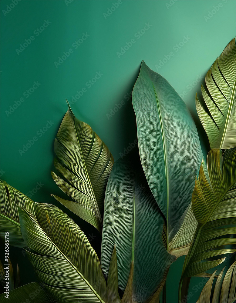 Obraz premium Tropical leaves on studio green background, monochromatic, copy space in the middle 