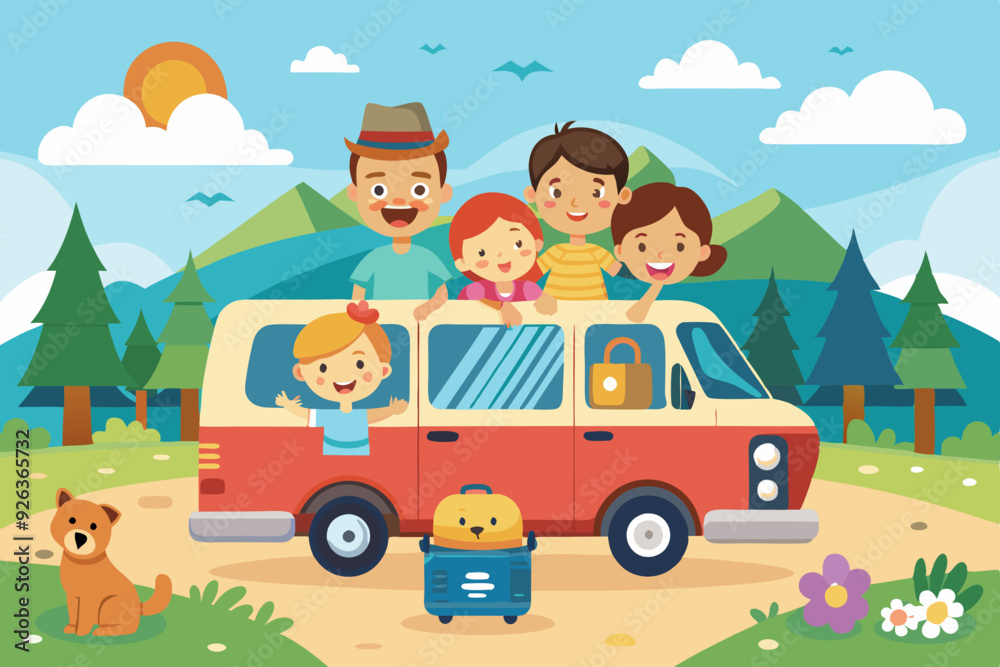 Happy family road trip. Mom, Dad, children and a dog traveling on a tourist minivan
Happy family road trip. Mom, Dad, children and a dog traveling on a tourist minivan