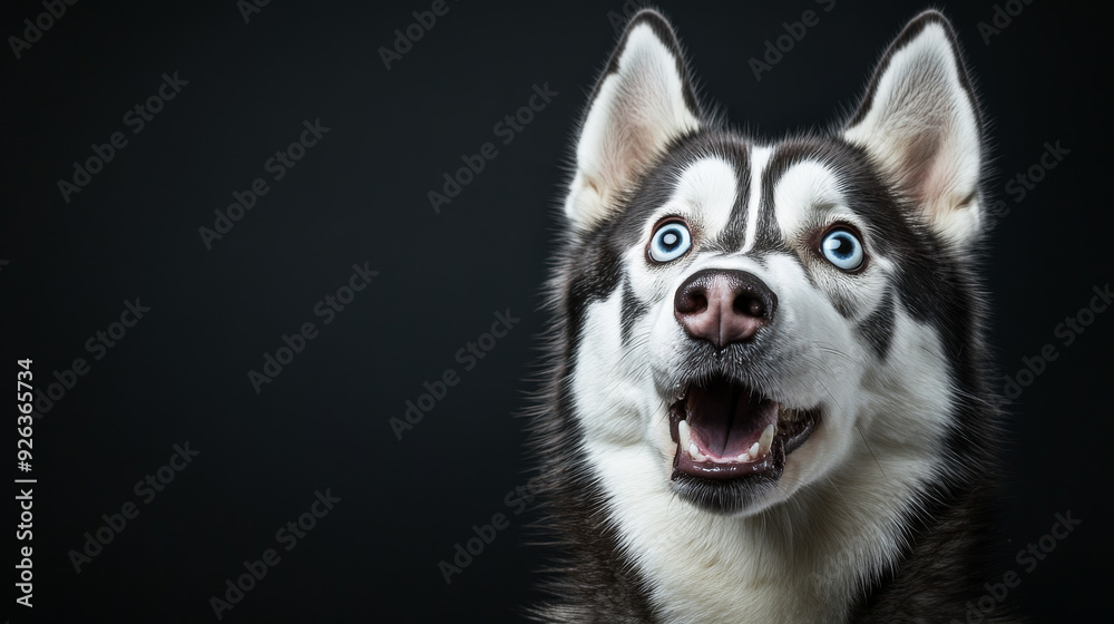 A Siberian Husky dog with wide-open eyes and mouth, looking surprised, on a black background. --ar 16:9 --v 6.1 Job ID: d54c1c91-2d22-4f7e-a8ce-cc26d23cf1f7 A Siberian Husky dog with wide-open eyes and mouth, looking surprised, on a black background. --ar 16:9 --v 6.1 Job ID: d54c1c91-2d22-4f7e-a8ce-cc26d23cf1f7