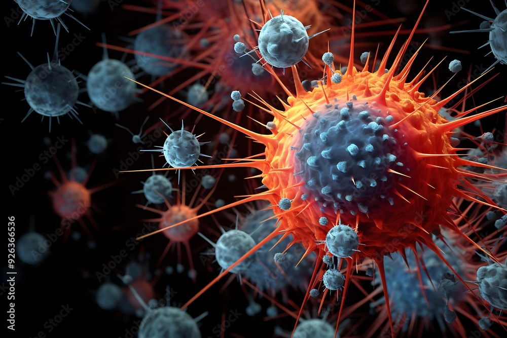 A virus with many spikes. Concept of danger and fear, as the virus is depicted as a menacing and deadly force A virus with many spikes. Concept of danger and fear, as the virus is depicted as a menacing and deadly force