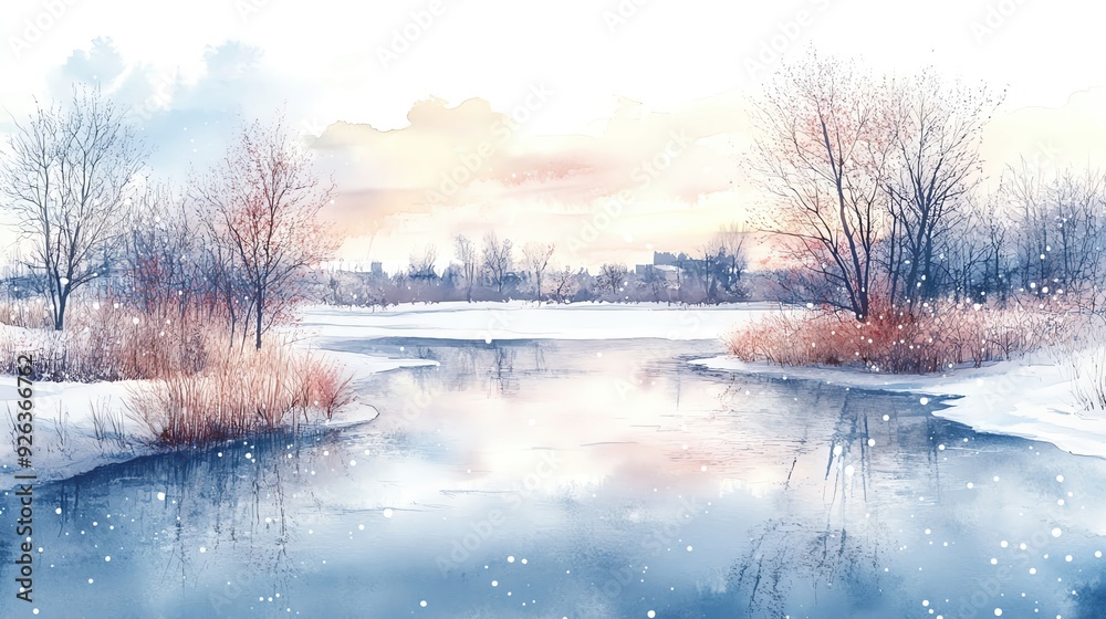 A watercolor depiction of a snowy winter landscape with a frozen lake, bare trees, and soft pastel skies, representing the calm beauty of winter high detailed A watercolor depiction of a snowy winter landscape with a frozen lake, bare trees, and soft pastel skies, representing the calm beauty of winter high detailed