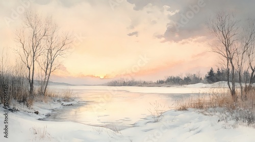 A watercolor depiction of a snowy winter landscape with a frozen lake, bare trees, and soft pastel skies, representing the calm beauty of winter high detailed