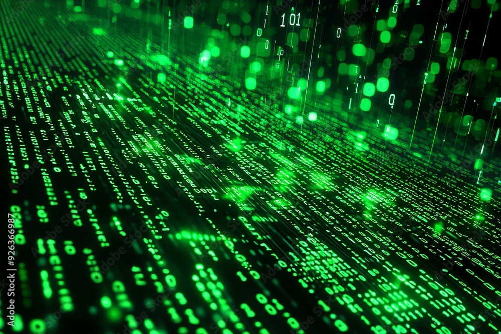 Green Dark Binary Code with Data Streaming Background created with Generative AI Green Dark Binary Code with Data Streaming Background created with Generative AI