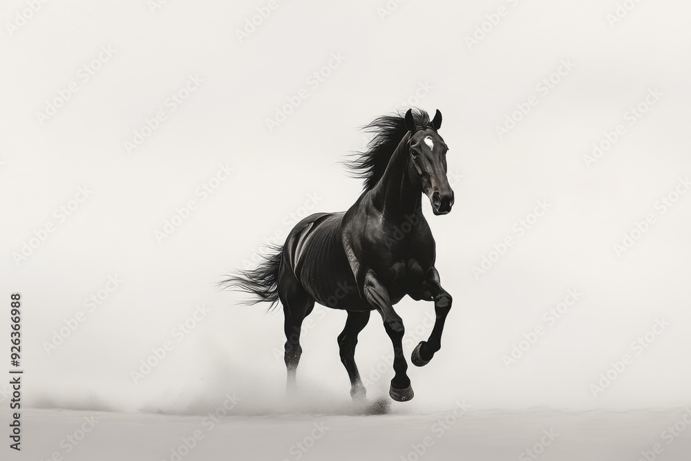 A black horse runs freely across an open landscape at dusk, showcasing its grace and strength A black horse runs freely across an open landscape at dusk, showcasing its grace and strength