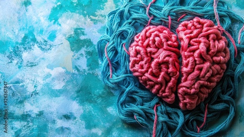 Heart and Brain Made of Intertwined Yarn on Textured Background
