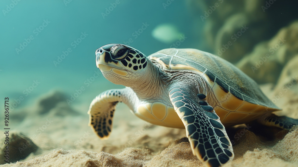 Obraz premium A type of sea turtle called the Green sea turtle, or Chelonia mydas, is found in Ras Al Hadd, which is in Oman. --ar 16:9 --v 6.1 Job ID: b6950d59-3b94-4d50-a852-e72c593bf50d