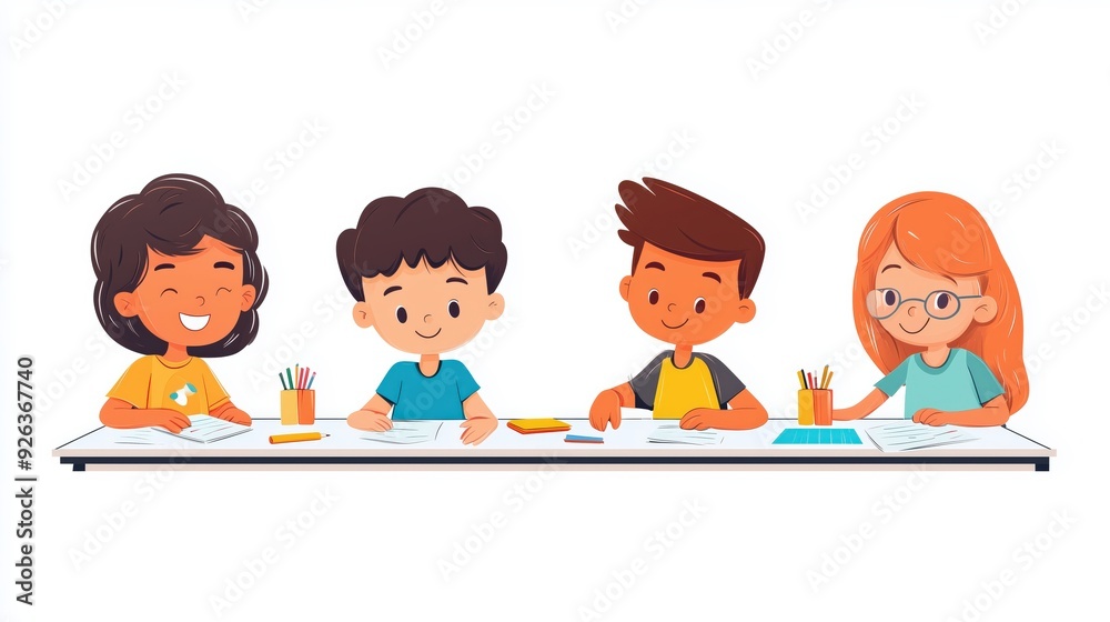 Group of kids brainstorming in a classroom, collaboration and creativity, modern flat art, vibrant colors, isolated on white background. Copy space for text, No logo, No Trademark, No text Group of kids brainstorming in a classroom, collaboration and creativity, modern flat art, vibrant colors, isolated on white background. Copy space for text, No logo, No Trademark, No text