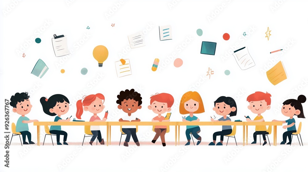 Group of kids brainstorming in a classroom, collaboration and creativity, modern flat art, vibrant colors, isolated on white background. Copy space for text, No logo, No Trademark, No text Group of kids brainstorming in a classroom, collaboration and creativity, modern flat art, vibrant colors, isolated on white background. Copy space for text, No logo, No Trademark, No text