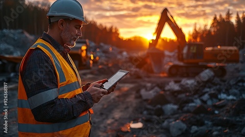 construction site at sunset with a senior male construction worker in a safety vest and hard hat holding a tablet. In the background, heavy machinery, including excavators and dump trucks, are