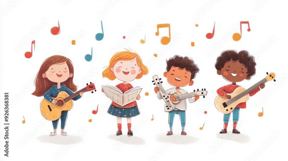 Kids collaborating on a music project, innovative and artistic, hand-drawn illustration, warm colors, isolated on white background. Copy space for text, No logo, No Trademark, No text Kids collaborating on a music project, innovative and artistic, hand-drawn illustration, warm colors, isolated on white background. Copy space for text, No logo, No Trademark, No text