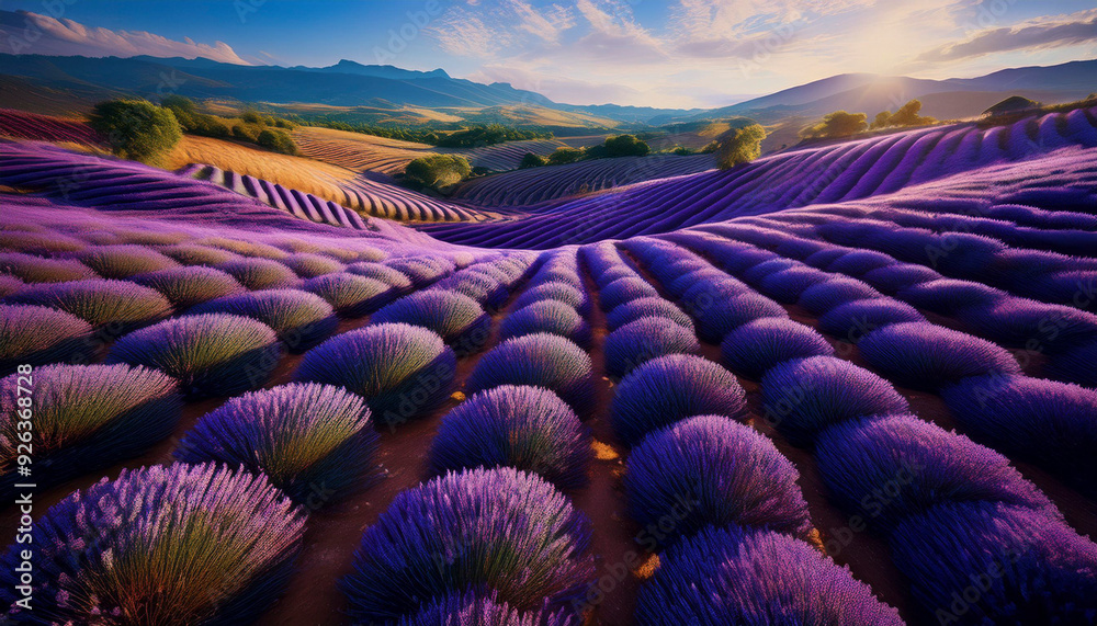 Obraz premium lavender cultivation in large, winding fields and its contribution to the industry