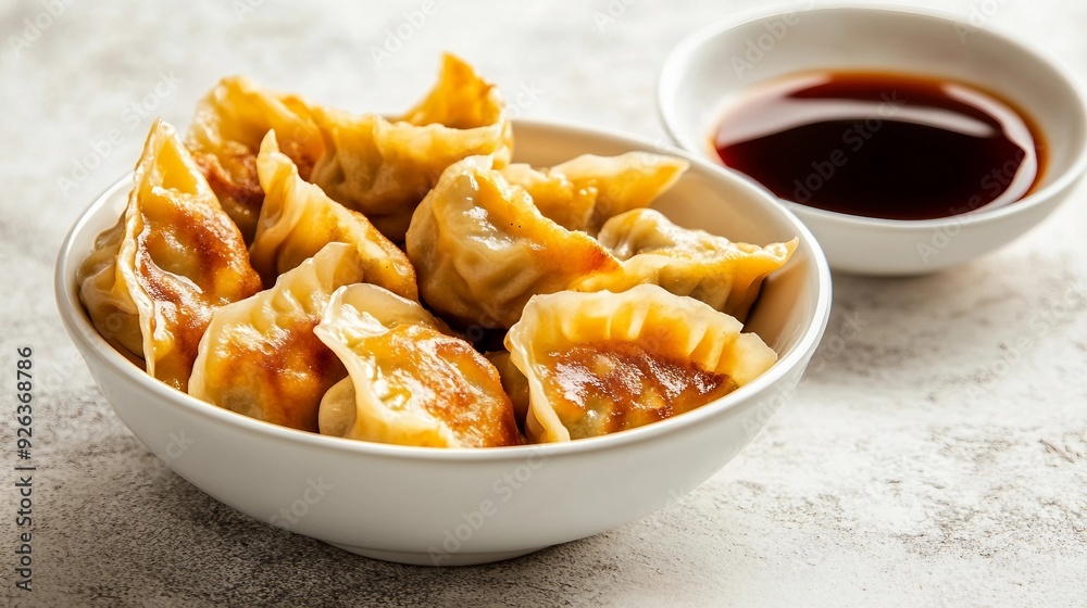 Delicious Korean Dumplings with Soy Sauce on White Background, Asian Food Concept. Top View with Copy Space for Text. Delicious Korean Dumplings with Soy Sauce on White Background, Asian Food Concept. Top View with Copy Space for Text.