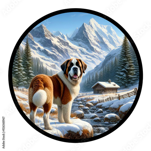 A circular 3D rendered watercolor painting of a St. Bernard dog, isolated on a transparent background
