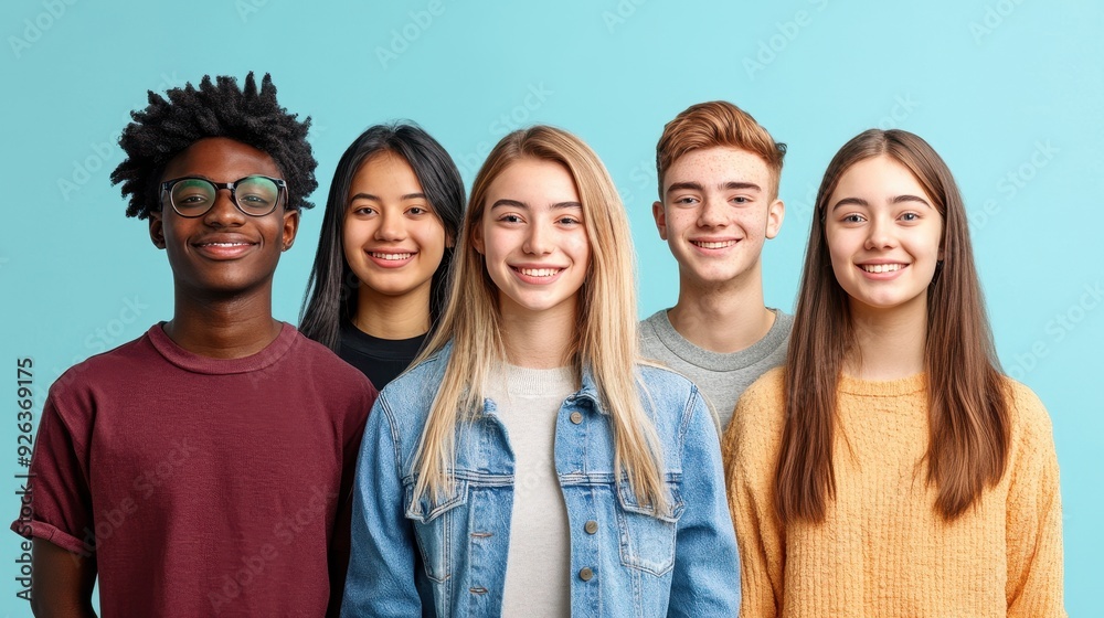 Five teenagers of various backgrounds pose smiling together in a friendly and cheerful atmosphere Five teenagers of various backgrounds pose smiling together in a friendly and cheerful atmosphere