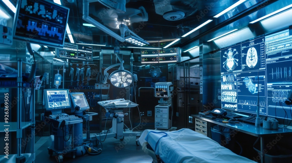 A futuristic medical lab with a robotic patient and advanced technology A futuristic medical lab with a robotic patient and advanced technology