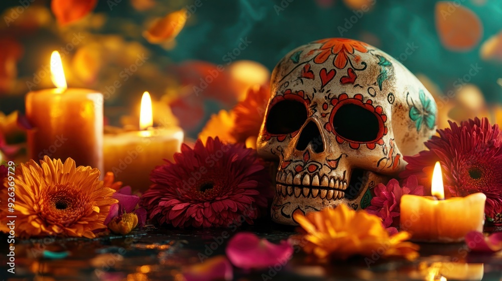 Day of the Dead Skull with Marigolds and Candles Day of the Dead Skull with Marigolds and Candles