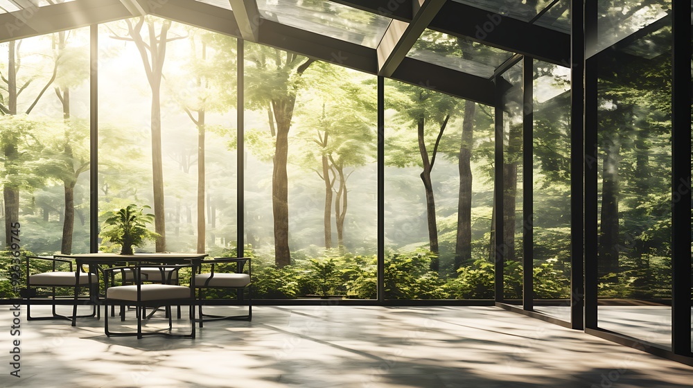 A small, house is surrounded by trees and has a large window. The house is lit up at night, creating a cozy and inviting atmosphere A small, house is surrounded by trees and has a large window. The house is lit up at night, creating a cozy and inviting atmosphere