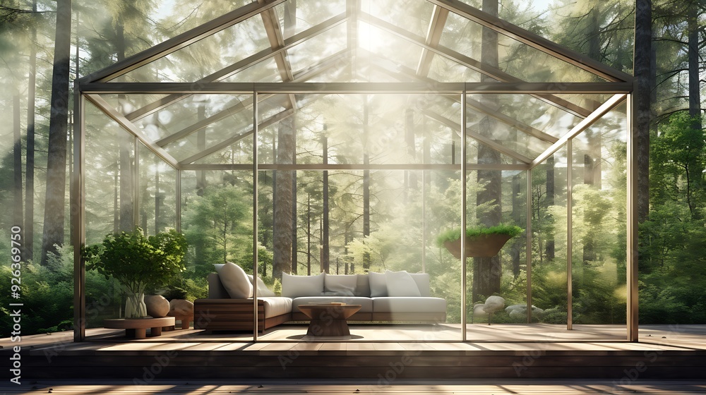 A small, house is surrounded by trees and has a large window. The house is lit up at night, creating a cozy and inviting atmosphere A small, house is surrounded by trees and has a large window. The house is lit up at night, creating a cozy and inviting atmosphere