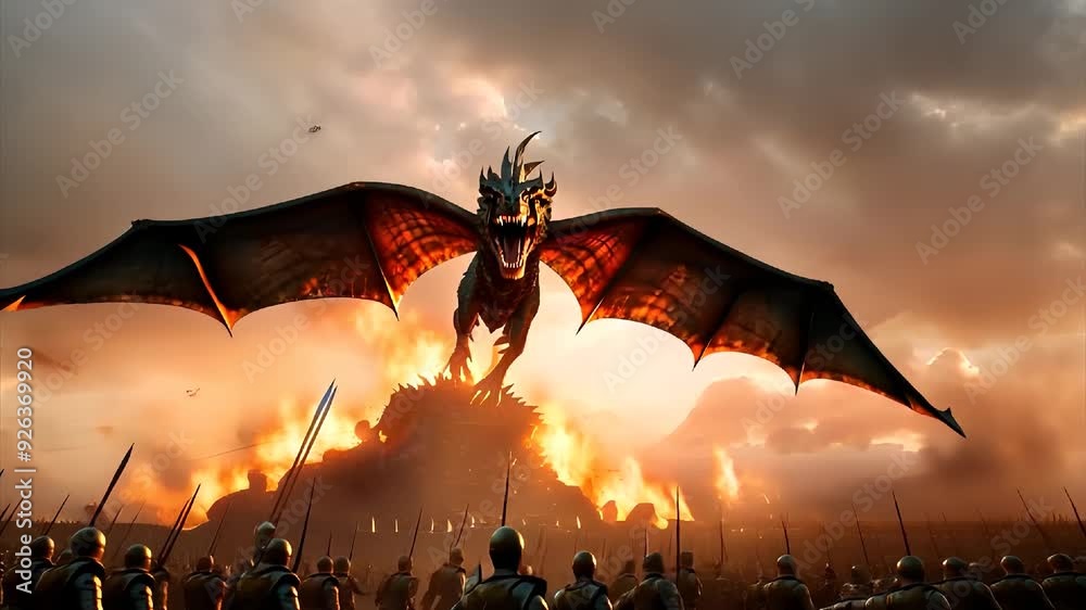 Fantasy battle dragon Fire flying towards soldiers ancient battleground