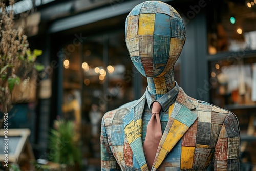 Mannequin dressed in a suit made entirely from recycled textile waste, representing circular fashion, sustainability. Copy space for text, No logo, No Trademark, No text photo