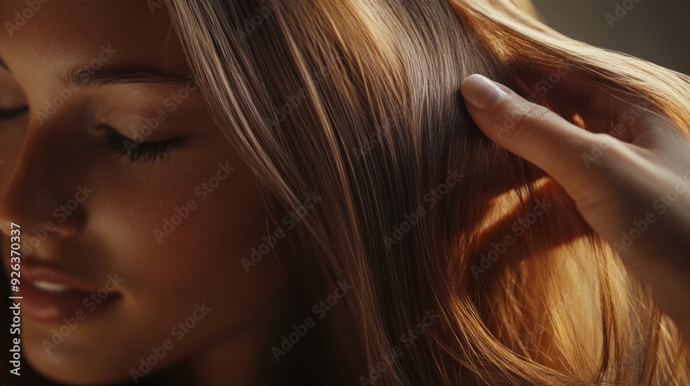 Naklejka premium A close-up of a woman gently running her fingers through her silky, straight hair, with a focus on the smooth, shiny strands and her relaxed demeanor.