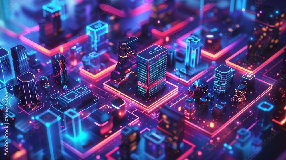 A 3D illustration of a futuristic city with glowing neon lights A 3D illustration of a futuristic city with glowing neon lights