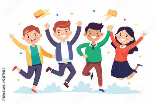 Happy group of students are jumping on a white background. Cheer
