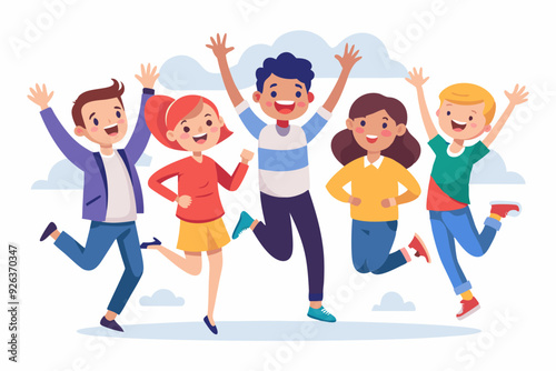Happy group of students are jumping on a white background. Cheer
