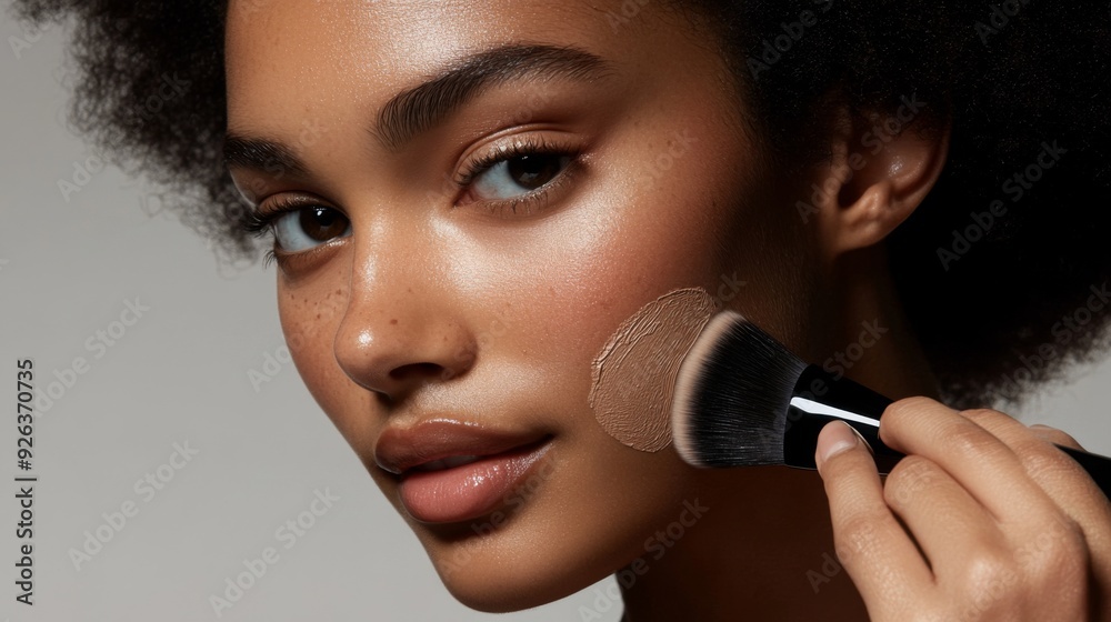 A close-up of a woman using a makeup brush to apply foundation, highlighting the flawless application and even coverage of her skin.