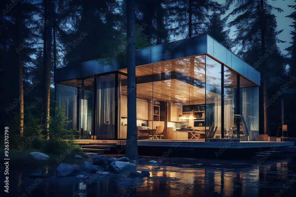 A small, house is surrounded by trees and has a large window. The house is lit up at night, creating a cozy and inviting atmosphere A small, house is surrounded by trees and has a large window. The house is lit up at night, creating a cozy and inviting atmosphere