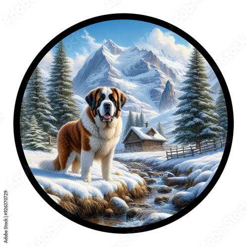 A circular 3D rendered watercolor painting of a St. Bernard dog, isolated on a transparent background