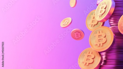 3D Bitcoins Floating Against Pink Background
