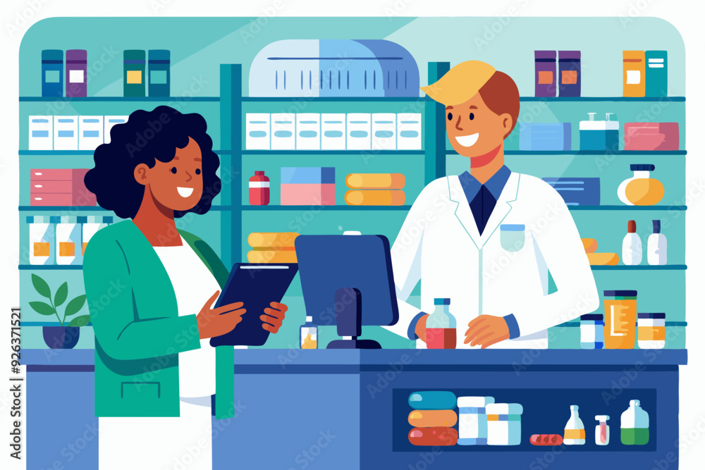 Pharmacist doctor and patient in the drugstore. A client woman buys drugs at a pharmacy
Pharmacist doctor and patient in the drugstore. A client woman buys drugs at a pharmacy