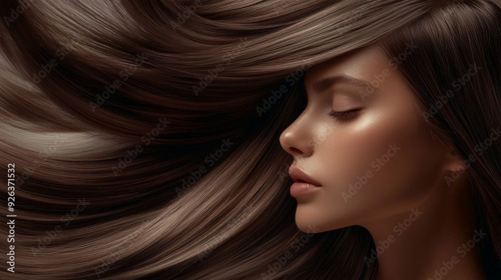 Naklejka premium A close-up of a woman with glossy, long hair cascading over her shoulders, with a soft, natural shine and a serene expression.