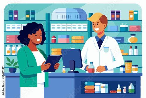 Pharmacist doctor and patient in the drugstore. A client woman buys drugs at a pharmacy
