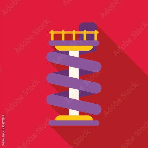 Purple spiral slide standing on bright red background, in flat design with long shadow