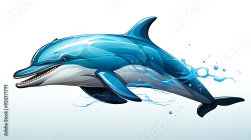 A vibrant, detailed illustration of a dolphin swimming with dynamic water splashes, perfect for educational materials, children's books, and marine life-themed designs, photo