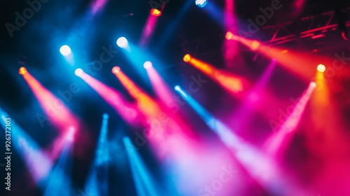 A close-up of colorful stage lights during a live performance, with beams of light in various hues creating a lively and energetic ambiance.