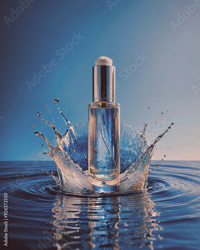 bottle of perfume on blue water, for mockup