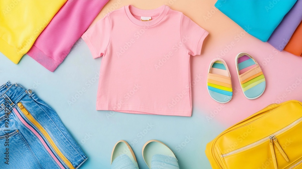 Fashionable Little Girl Clothing Collection Flat Lay on Pastel Background with Blue Top, Shorts, and Sandals Fashionable Little Girl Clothing Collection Flat Lay on Pastel Background with Blue Top, Shorts, and Sandals