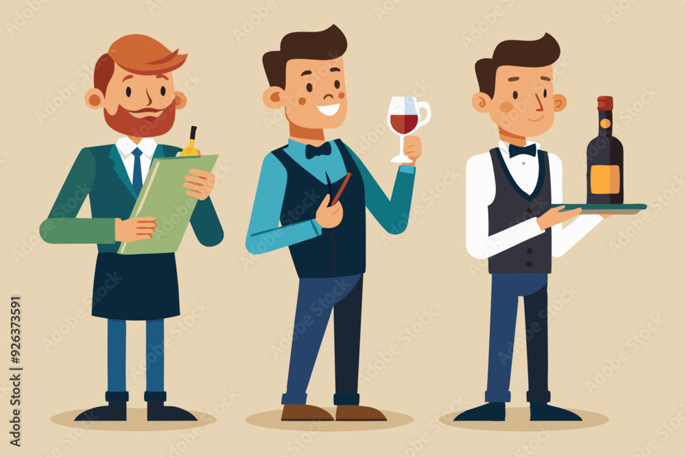 Set of character of a waiter man with a tray, with a bottle of wine, write down a customer's order, invites
Set of character of a waiter man with a tray, with a bottle of wine, write down a customer's order, invites