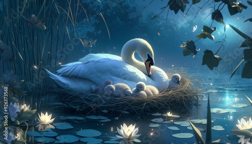 Fototapeta Naklejka Na Ścianę i Meble -  Lovers white swans swim in the lake with their chicks. The family of swans in the nest takes care of the children.