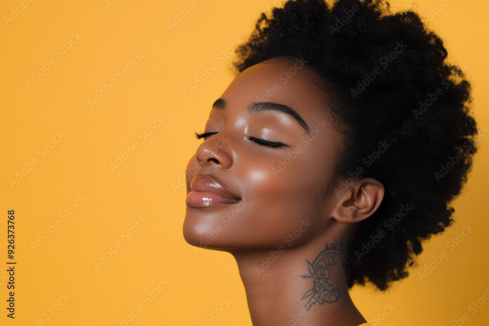 A close up of a tattooed black woman's face with her eyes closed A close up of a tattooed black woman's face with her eyes closed