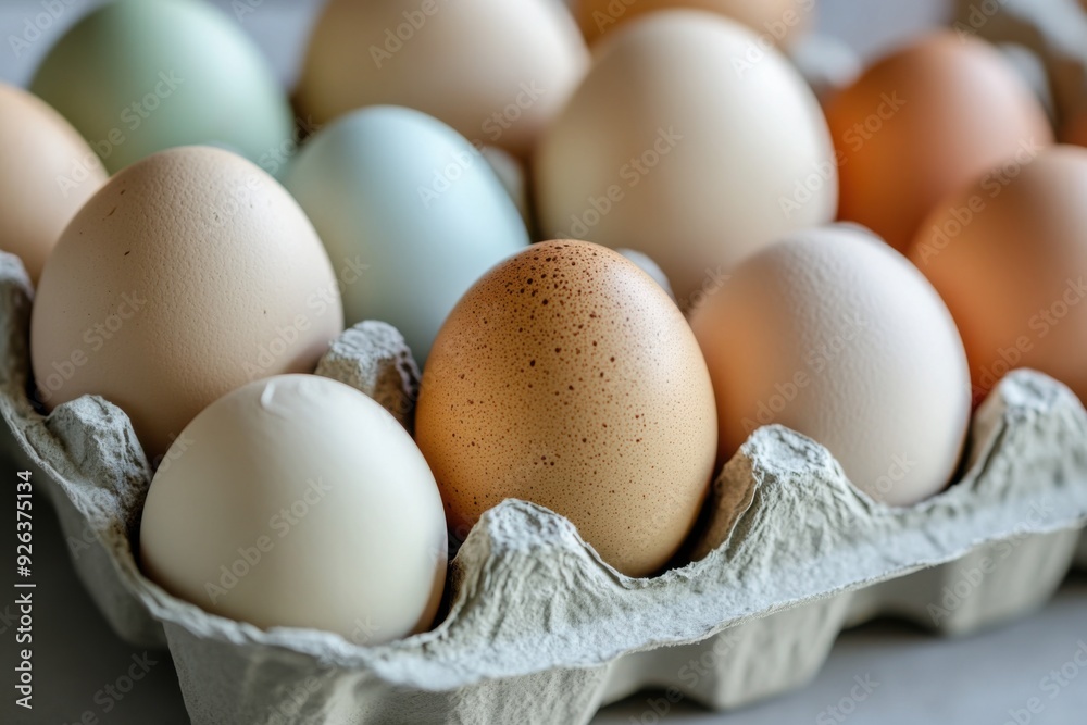 A collection of assorted chicken eggs in a cardboard carton on a kitchen counter A collection of assorted chicken eggs in a cardboard carton on a kitchen counter