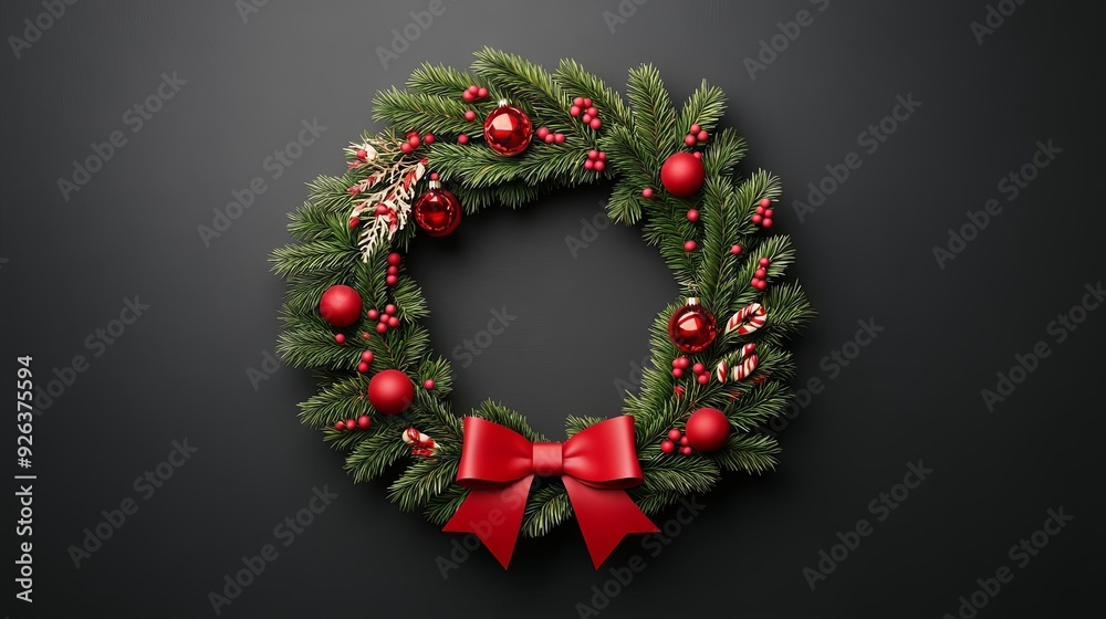 3D Christmas wreath with red ribbons and ornaments, Christmas 3D background, traditional and festive 3D Christmas wreath with red ribbons and ornaments, Christmas 3D background, traditional and festive