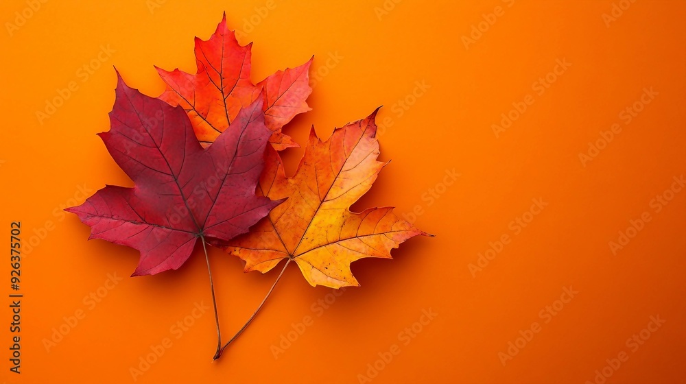 Vibrant Maple Leaves on Orange Table - Autumn Design Elements Vibrant Maple Leaves on Orange Table - Autumn Design Elements